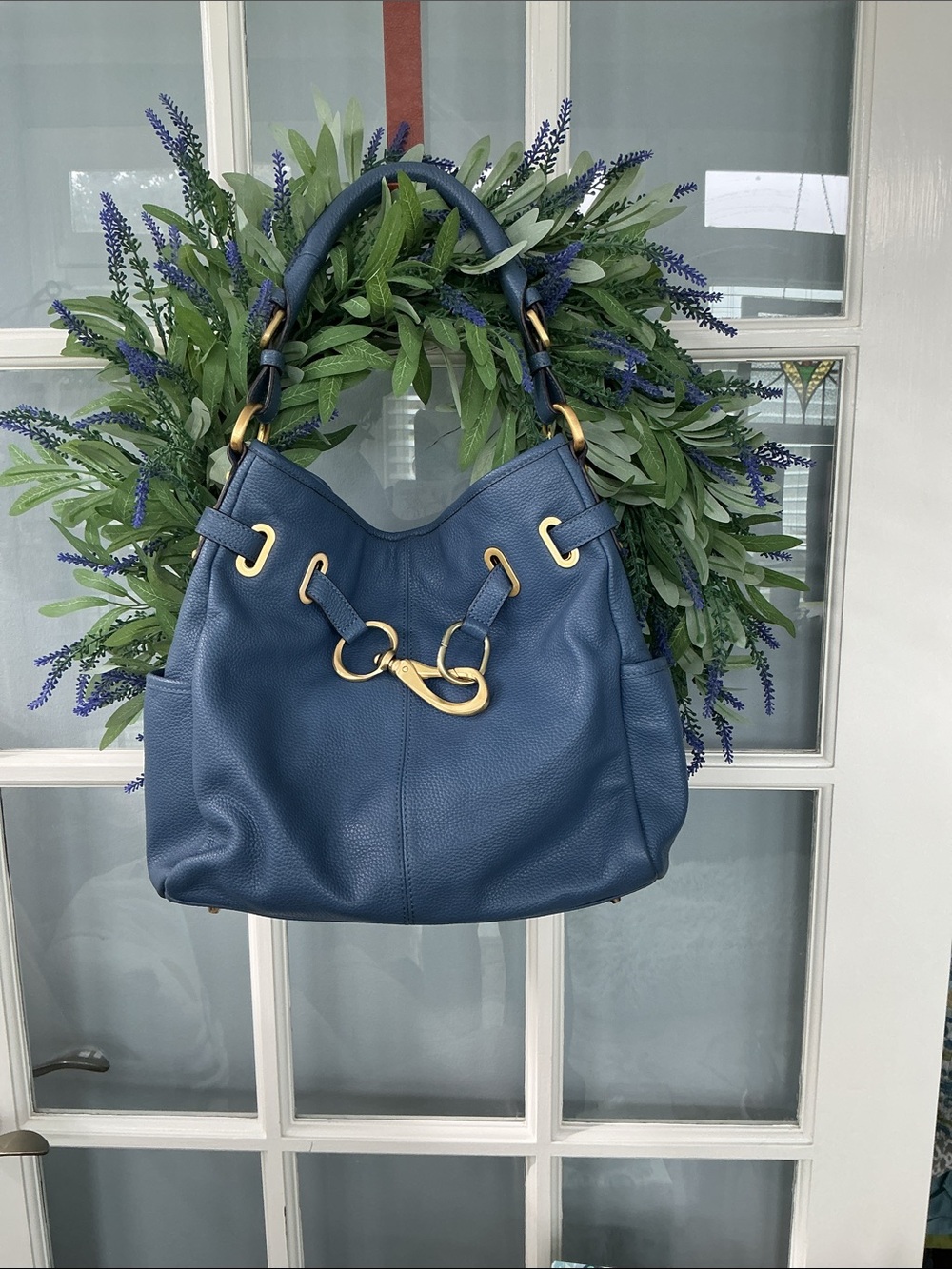 Donna Karan Blue Leather Shoulder Bag with Gold Hardware